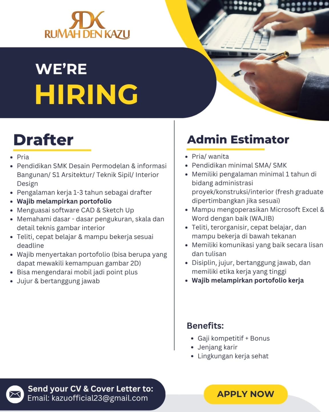Lowongan Kerja Drafter Interior & Admin Estimator di Rumah Den Kazu - Yogyakarta